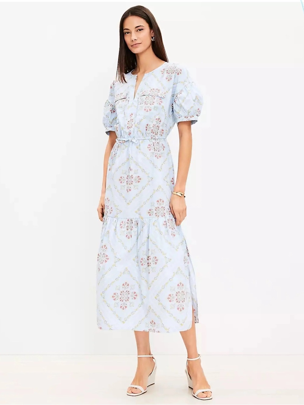 Loft Light Blue Floral Maxi Dress with Puff Sleeves